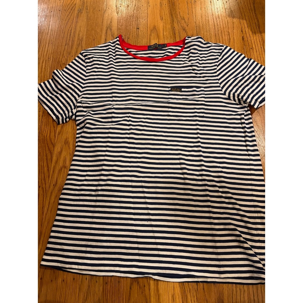 Polo Ralph Lauren Mens Large Striped Pocket T-Shirt Navy Blue Red Trim Nautical